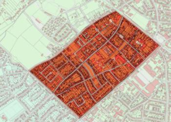 Kartenausschnitt mit einem roange hervorgehobenen Bereich eines Stadtquartiers