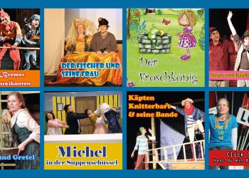 Eine Collage der Titelbilder der unterschiedlichen Programmpunkte des Kindertheaters in der Stadthalle 2022-23 