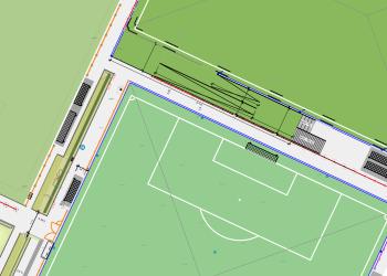 Ein Ausschnitt der Planungszeichnungen des Sportzentrums Oberstadt. Es sind diverse Fußballplätze angedeutet.