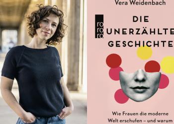 Ein Porträt von Vera Weidenbach. Daneben das Cover ihres Buches "Die unerzählte Geschichte".
