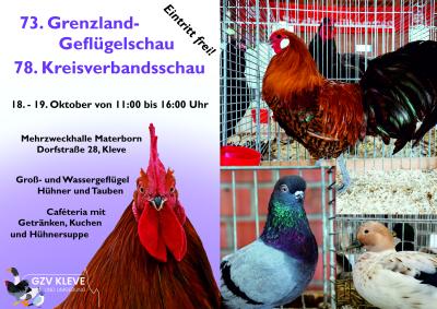 Plakat Grenzland Geflügekschau mit Fotos von Hühnern und Tauben