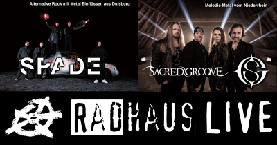 Schwarzes Plakat "Radhaus Live" mit Bildern der Bands