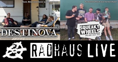 Schwarzes Plakat "Radcore" mit Namen und Fotos der Bands