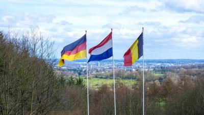 Drei Flaggen am Dreiländereck wehen im Wind